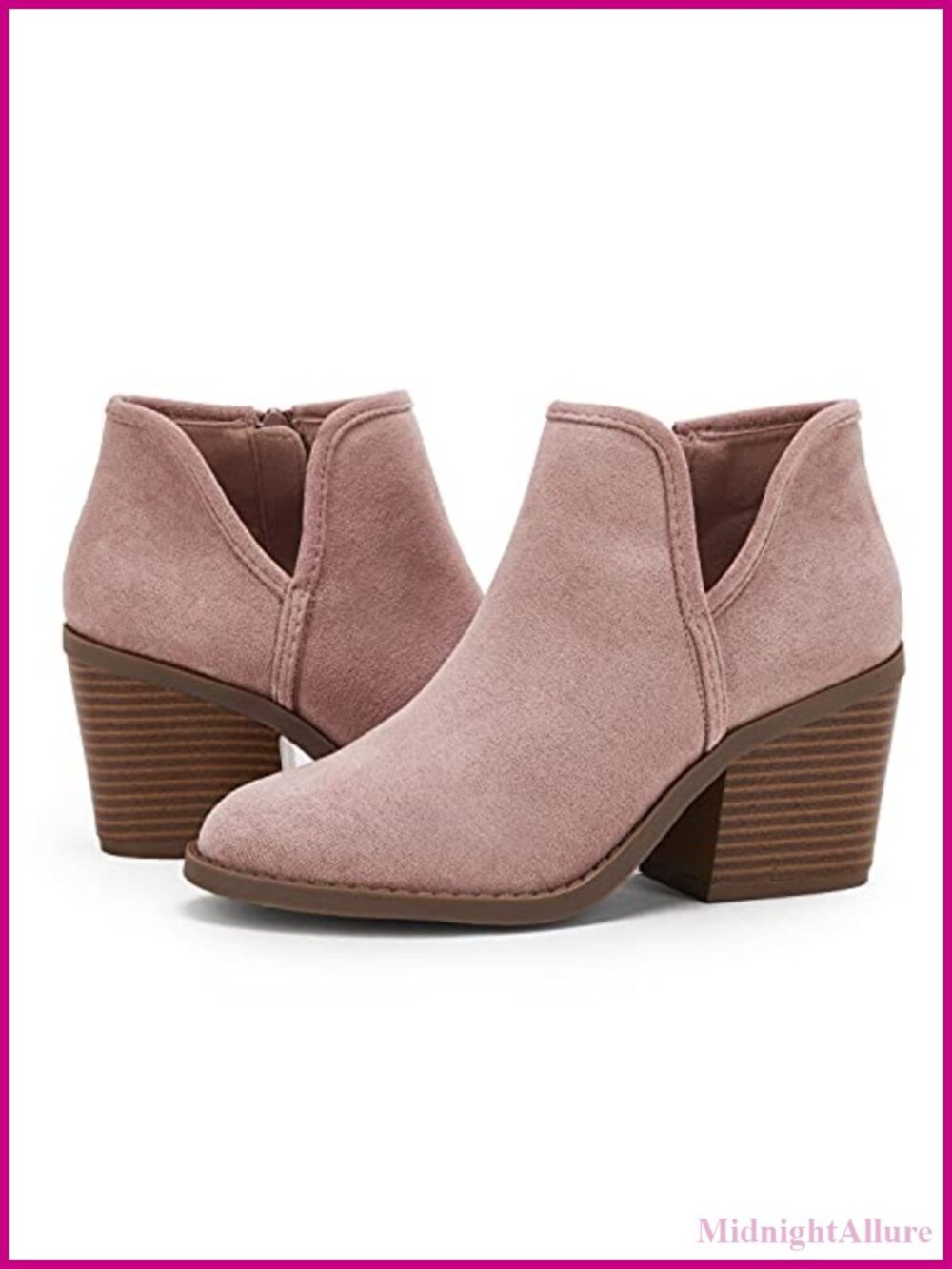 Womens Ankle Boots Chunky Stacked Heel Faux Suede Side Zipper Booties